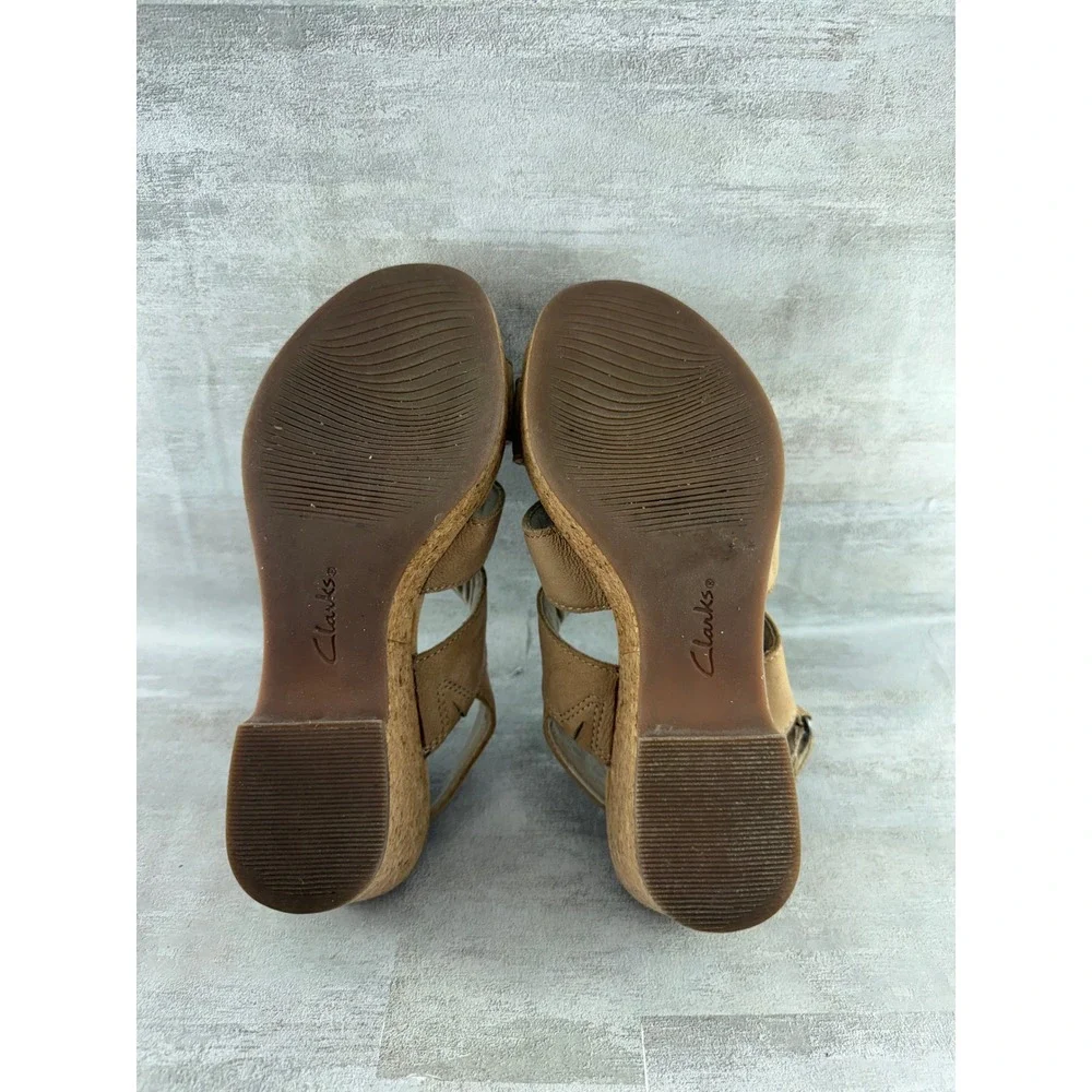 Clarks Collection Tan Nubuck Cork Wedge Platform Sandals Women Sz 7M